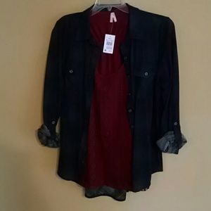 Navy/Merlot plaid shirt with Free merlot tank top